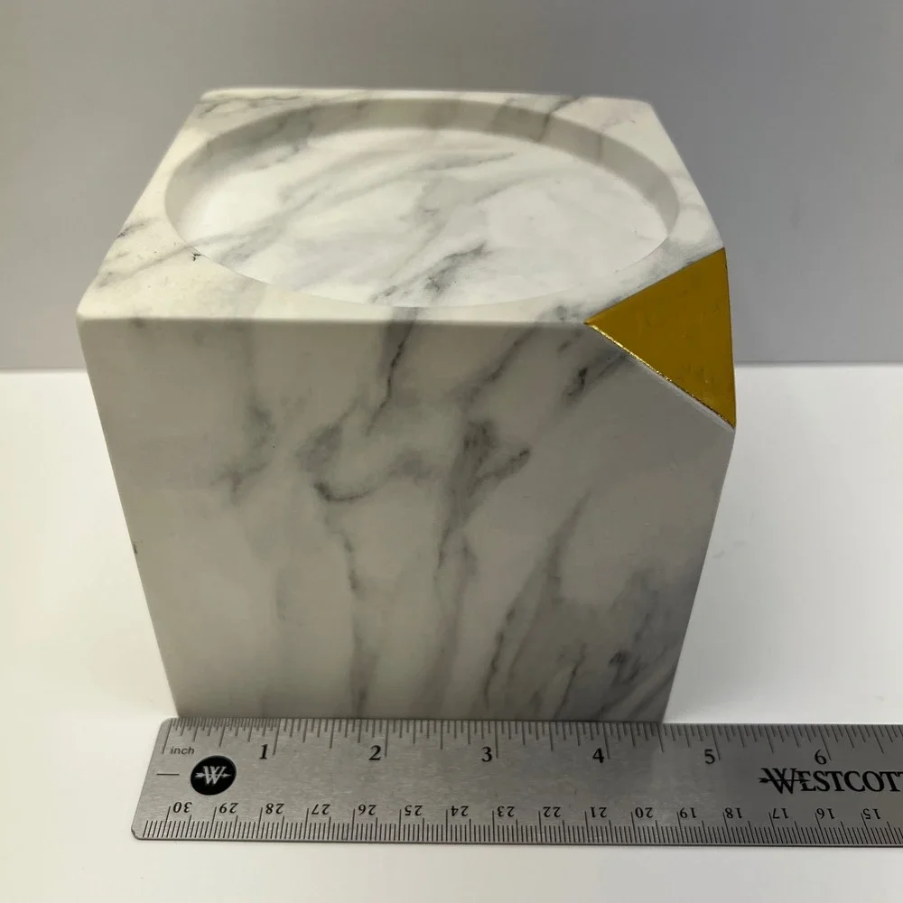 Bath & Body Works Candle Holder Pedestal Marble Tone‎ Gold Accent Cut Out Corner